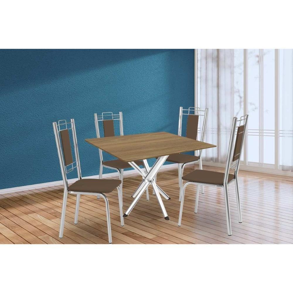Conjunto: Mesa Sala Jantar Volga C- Tampo De Madeira 90cm E 4 Cadeiras Lisboa Cromado-nogueira - Marrom - Kappesberg - 1