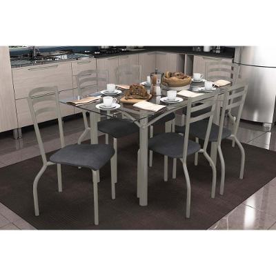 Conjunto: Mesa Sala Jantar Elba C- Tampo De Vidro 150cm E 6 Cadeiras Portugal Niquel - Courano Preto - Kappesberg
