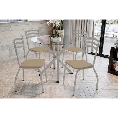 Conjunto: Mesa Sala Jantar Volga C- Tampo De Vidro 95cm E 4 Cadeiras Portugal Niquel - Courano Capuccino - Kappesberg