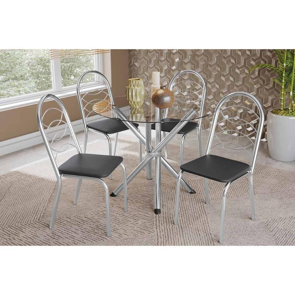 Conjunto: Mesa Sala Jantar Volga C- Tampo De Vidro 95cm E 4 Cadeiras Holanda Cromada - Courano Preto - Kappesberg - 1