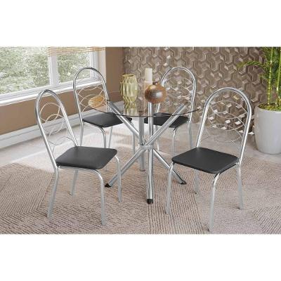Conjunto: Mesa Sala Jantar Volga C- Tampo De Vidro 95cm E 4 Cadeiras Holanda Cromada - Courano Preto - Kappesberg