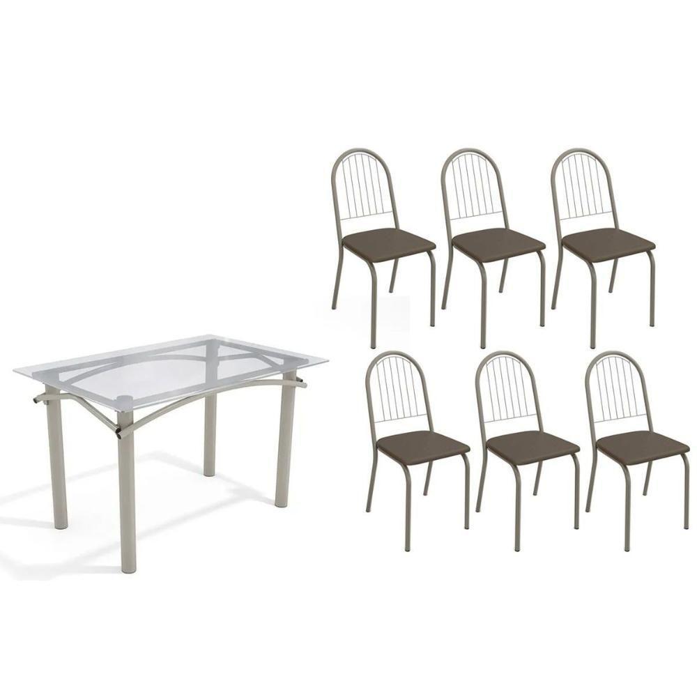 Conjunto: Mesa Sala Jantar Elba C- Tampo De Vidro 120cm E 6 Cadeiras Noruega Niquel - Courano Marrom - Kappesberg - 1