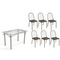 Conjunto: Mesa Sala Jantar Elba C- Tampo De Vidro 120cm E 6 Cadeiras Noruega Niquel - Courano Marrom - Kappesberg - 1