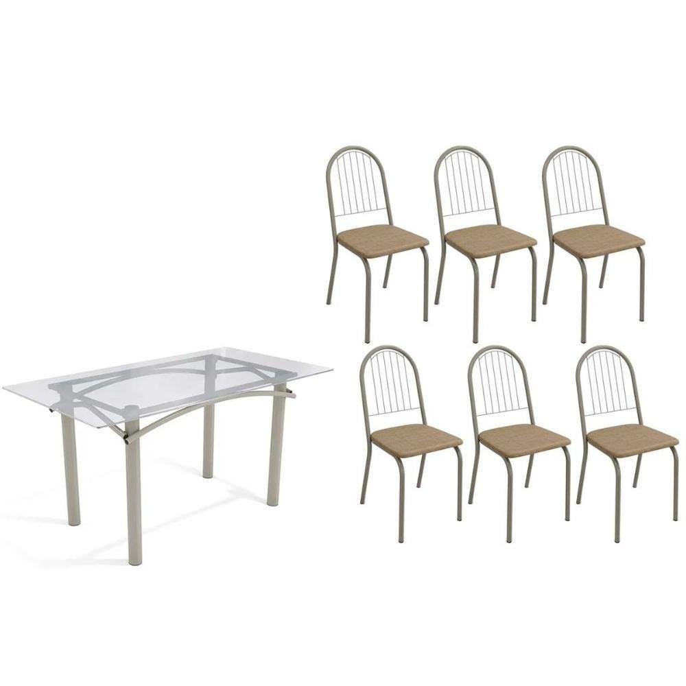 Conjunto: Mesa Sala Jantar Elba C- Tampo De Vidro 150cm E 6 Cadeiras Noruega Niquel - Courano Capuccino - Kappesberg - 1