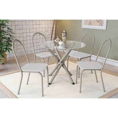 Conjunto: Mesa Sala Jantar Volga C- Tampo De Vidro 95cm E 4 Cadeiras Noruega Niquel - Courano Branco - Kappesberg