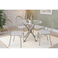 Conjunto: Mesa Sala Jantar Volga C- Tampo De Vidro 95cm E 4 Cadeiras Noruega Niquel - Courano Branco - Kappesberg - 1
