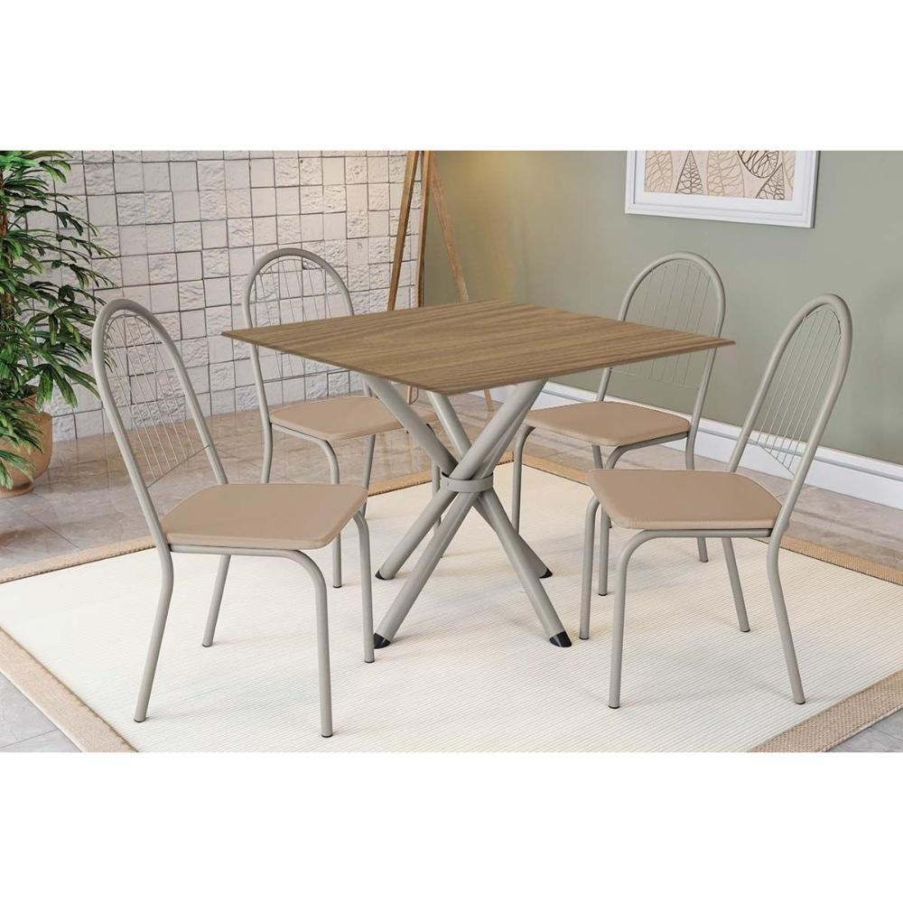 Conjunto: Mesa De Cozinha Volga C- Tampo De Madeira 90cm E 4 Cadeiras Noruega Niquel-nogueira - Bege - Kappesberg - 1