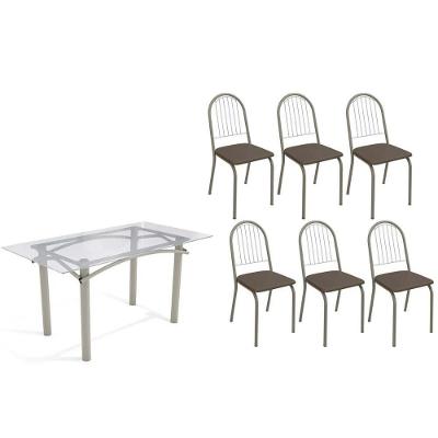 Conjunto: Mesa Sala Jantar Elba C- Tampo De Vidro 150cm E 6 Cadeiras Noruega Niquel - Courano Marrom - Kappesberg