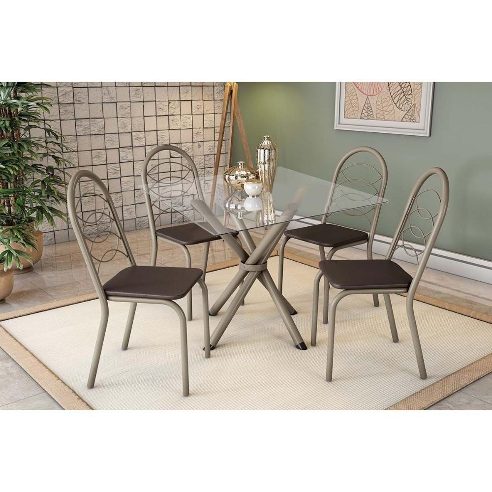 Conjunto: Mesa Sala Jantar Volga C- Tampo De Vidro 90cm E 4 Cadeiras Holanda Niquel - Courano Marrom - Kappesberg - 1