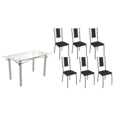 Conjunto: Mesa Sala Jantar Elba C- Tampo De Vidro 150cm E 6 Cadeiras Lisboa Niquel - Courano Preto - Kappesberg