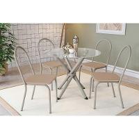 Conjunto: Mesa Sala Jantar Volga C- Tampo De Vidro 95cm E 4 Cadeiras Noruega Niquel - Courano Bege - Kappesberg - 1
