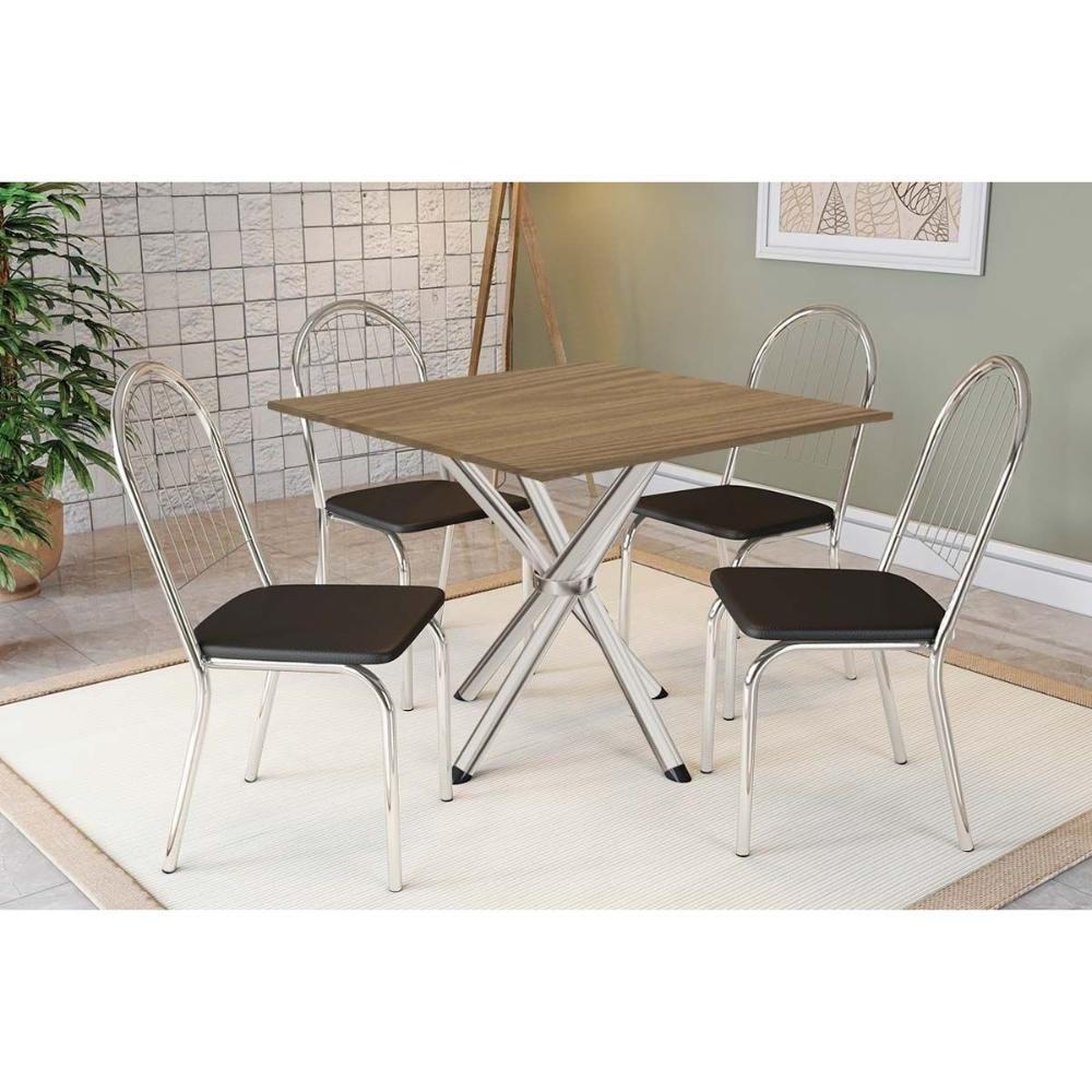 Conjunto: Mesa De Cozinha Volga C- Tampo De Madeira 90cm E 4 Cadeiras Noruega Cromado-nogueira - Preto - Kappesberg - 1