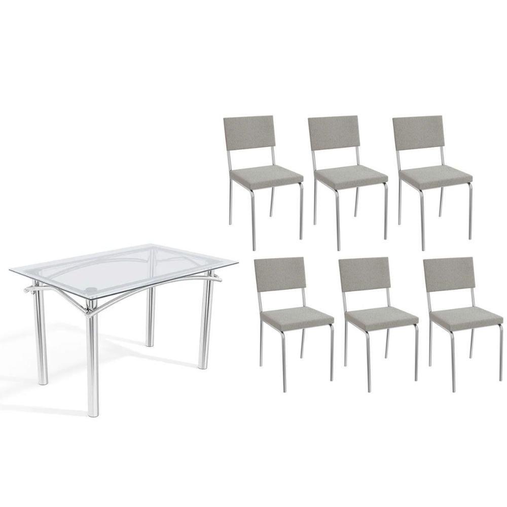 Conjunto: Mesa De Cozinha Elba C- Tampo De Vidro 120cm E 6 Cadeiras Zaria Cromada - Boucle Cinza - Kappesberg - 1