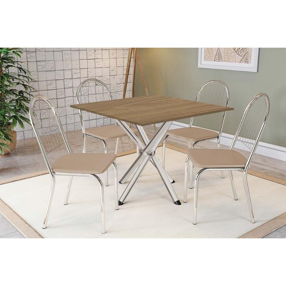 Conjunto: Mesa De Cozinha Volga C- Tampo De Madeira 90cm E 4 Cadeiras Noruega Cromado-nogueira - Bege - Kappesberg - 1