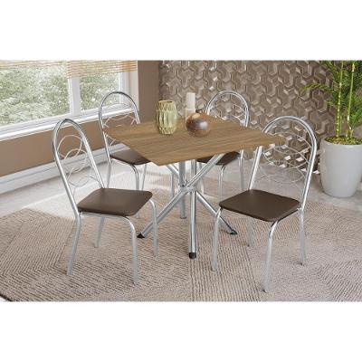 Conjunto: Mesa Sala Jantar Volga C- Tampo De Madeira 90cm E 4 Cadeiras Holanda Cromado-nogueira - Marrom - Kappesberg