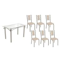 Conjunto: Mesa De Cozinha Elba C- Tampo De Vidro 120cm E 6 Cadeiras Lisboa Niquel - Courano Bege - Kappesberg - 1