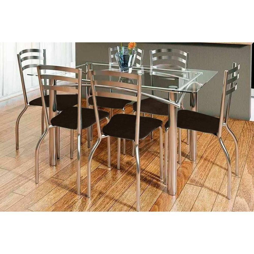 Conjunto: Mesa De Cozinha Elba C- Tampo De Vidro 150cm E 6 Cadeiras Portugal Cromada - Courano Marrom - Kappesberg - 1