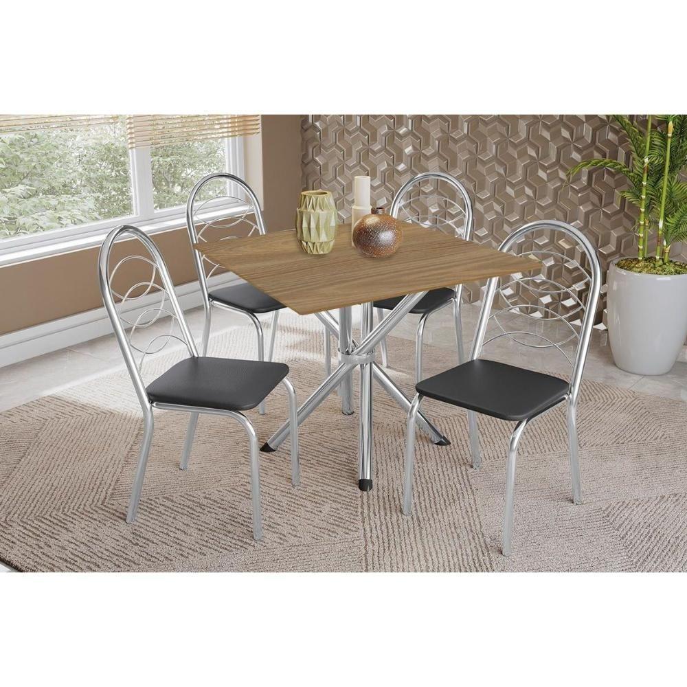 Conjunto: Mesa De Cozinha Volga C- Tampo De Madeira 90cm E 4 Cadeiras Holanda Cromado-nogueira - Preto - Kappesberg - 1
