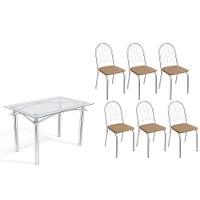 Conjunto: Mesa Sala Jantar Elba C- Tampo De Vidro 120cm E 6 Cadeiras Noruega Cromada - Courano Capuccino - Kappesberg - 1