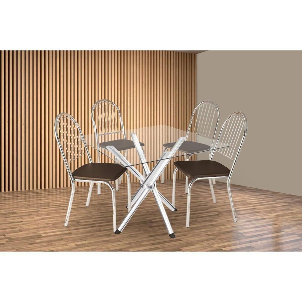 Conjunto: Mesa Sala Jantar Volga C- Tampo De Vidro 90cm E 4 Cadeiras Noruega Cromada - Courano Marrom - Kappesberg - 1