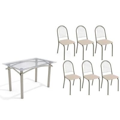 Conjunto: Mesa Sala Jantar Elba C- Tampo De Vidro 120cm E 6 Cadeiras Noruega Niquel - Courano Bege - Kappesberg