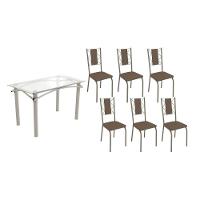 Conjunto: Mesa De Cozinha Elba C- Tampo De Vidro 120cm E 6 Cadeiras Lisboa Niquel - Courano Marrom - Kappesberg - 1