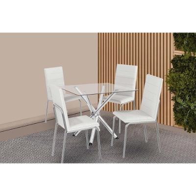 Conjunto: Mesa Sala Jantar Volga C- Tampo De Vidro 90cm E 4 Cadeiras Amsterdã Cromada - Courano Branco - Kappesberg