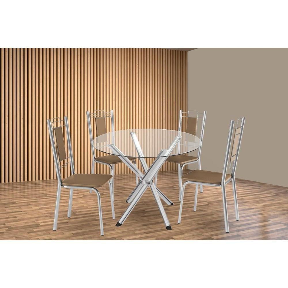 Conjunto: Mesa Sala Jantar Volga C- Tampo De Vidro 95cm E 4 Cadeiras Florença Cromada - Courano Capuccino - Kappesberg - 1