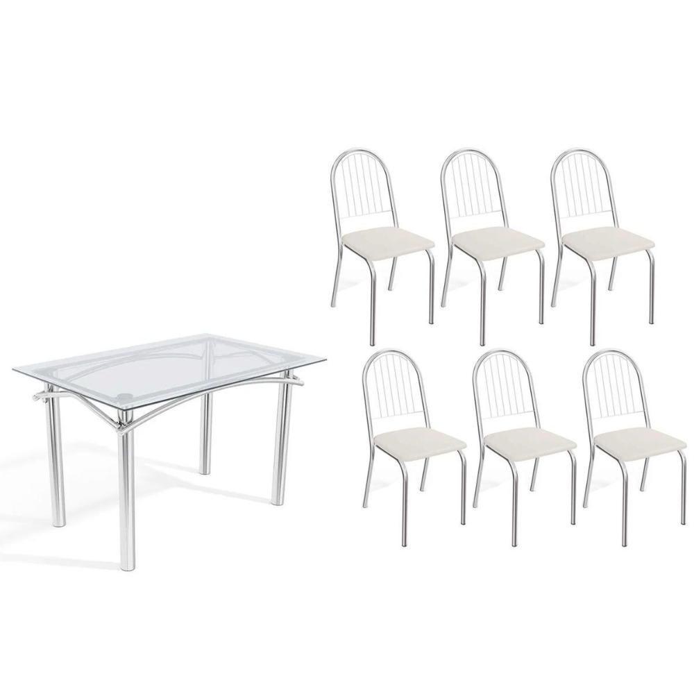 Conjunto: Mesa Sala Jantar Elba C- Tampo De Vidro 120cm E 6 Cadeiras Noruega Cromada - Courano Branco - Kappesberg - 1