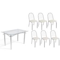 Conjunto: Mesa Sala Jantar Elba C- Tampo De Vidro 120cm E 6 Cadeiras Noruega Cromada - Courano Branco - Kappesberg - 1