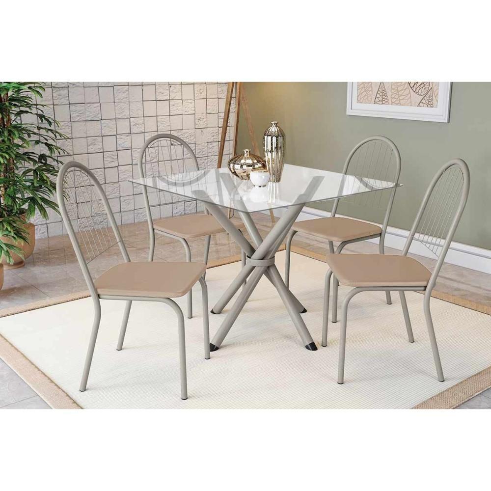 Conjunto: Mesa Sala Jantar Volga C- Tampo De Vidro 90cm E 4 Cadeiras Noruega Niquel - Courano Bege - Kappesberg - 1