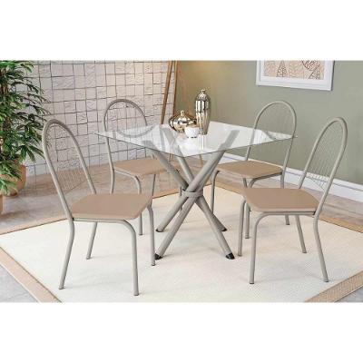 Conjunto: Mesa Sala Jantar Volga C- Tampo De Vidro 90cm E 4 Cadeiras Noruega Niquel - Courano Bege - Kappesberg