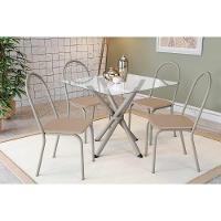 Conjunto: Mesa Sala Jantar Volga C- Tampo De Vidro 90cm E 4 Cadeiras Noruega Niquel - Courano Bege - Kappesberg - 1