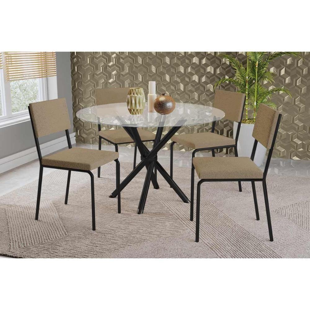 Conjunto: Mesa Sala Jantar Volga C- Tampo De Vidro 95cm E 4 Cadeiras Zaria Preto - Boucle Bege - Kappesberg - 1