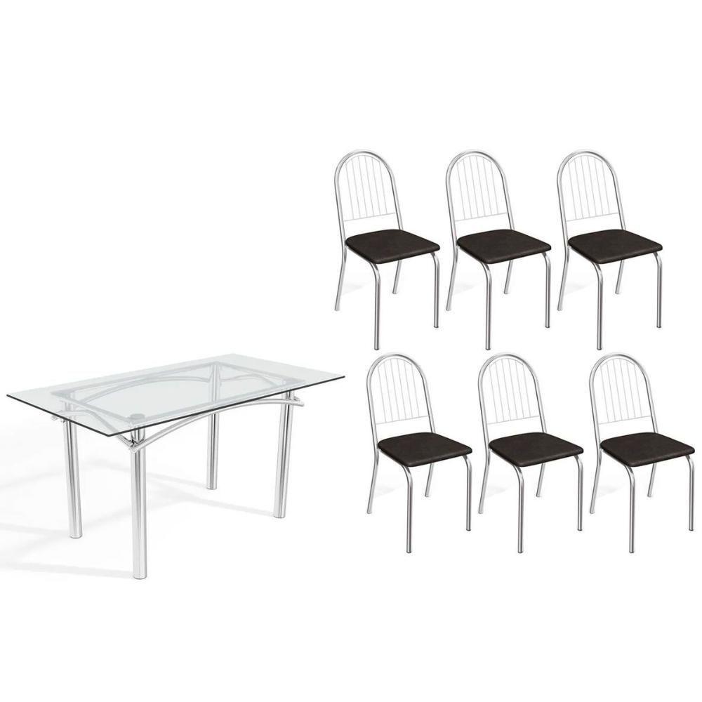 Conjunto: Mesa De Cozinha Elba C- Tampo De Vidro 150cm E 6 Cadeiras Noruega Cromada - Courano Preto - Kappesberg - 1