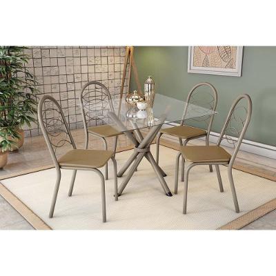 Conjunto: Mesa Sala Jantar Volga C- Tampo De Vidro 90cm E 4 Cadeiras Holanda Niquel - Courano Capuccino - Kappesberg