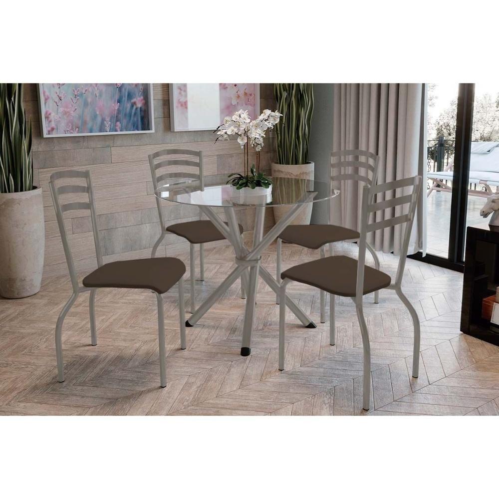 Conjunto: Mesa Sala Jantar Volga C- Tampo De Vidro 95cm E 4 Cadeiras Portugal Niquel - Courano Marrom - Kappesberg - 1