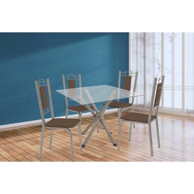 Conjunto: Mesa De Cozinha Volga C- Tampo De Vidro 90cm E 4 Cadeiras Florença Niquel - Courano Marrom - Kappesberg