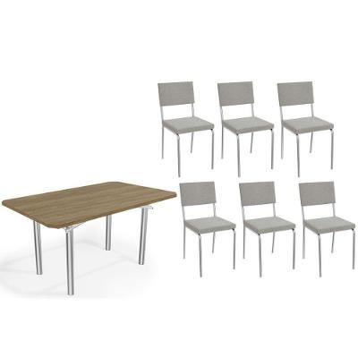 Conjunto: Mesa De Cozinha Elba C- Tampo De Madeira 160cm E 6 Cadeiras Zaria Cromada-nogueira - Boucle Cinza - Kappesberg