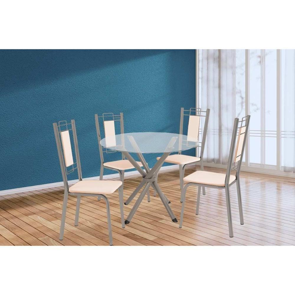 Conjunto: Mesa Sala Jantar Volga C- Tampo De Vidro 95cm E 4 Cadeiras Florença Niquel - Courano Bege - Kappesberg - 1