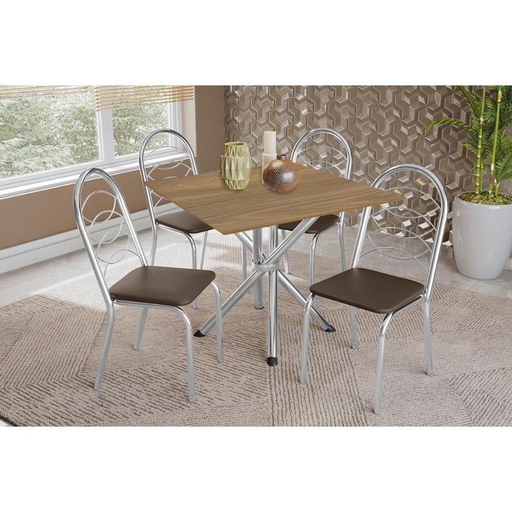 Conjunto: Mesa De Cozinha Volga C- Tampo De Madeira 90cm E 4 Cadeiras Holanda Cromado-nogueira - Marrom - Kappesberg - 1