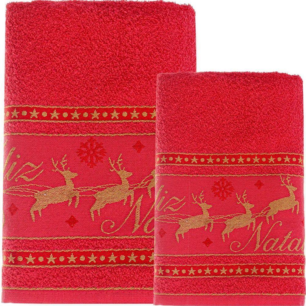Jogo 4 Pçs Toalha De Banho E Rosto Feliz Natal 90% Algodão 400g/m² Vermelho - 1
