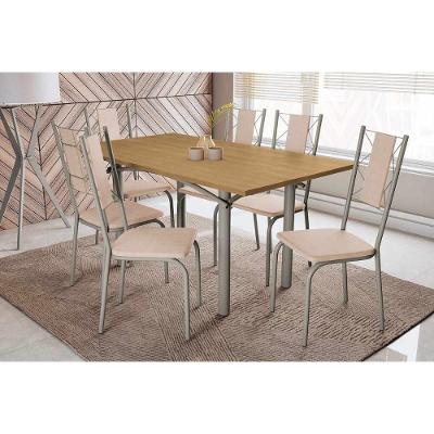 Conjunto: Mesa De Cozinha Elba C- Tampo De Madeira 160cm E 6 Cadeiras Lisboa Niquel-nogueira - Courano Bege - Kappesberg