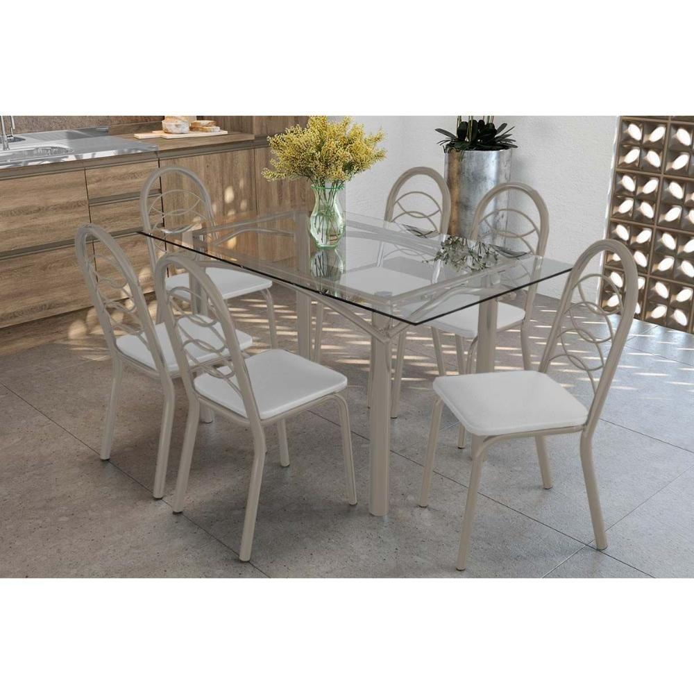 Conjunto: Mesa Sala Jantar Elba C- Tampo De Vidro 150cm E 6 Cadeiras Holanda Niquel - Courano Branco - Kappesberg - 1