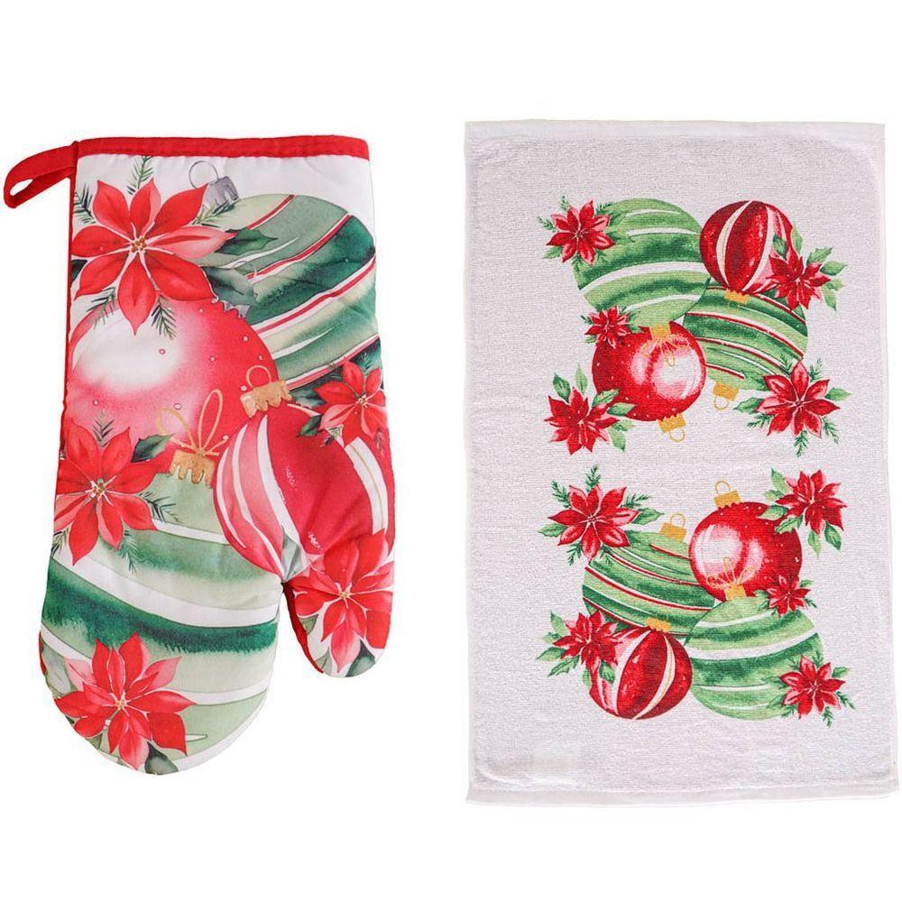 Kit 2 Peças Natalino Pano De Prato E Luva De Forno Bene Casa Bolas De Natal - 1