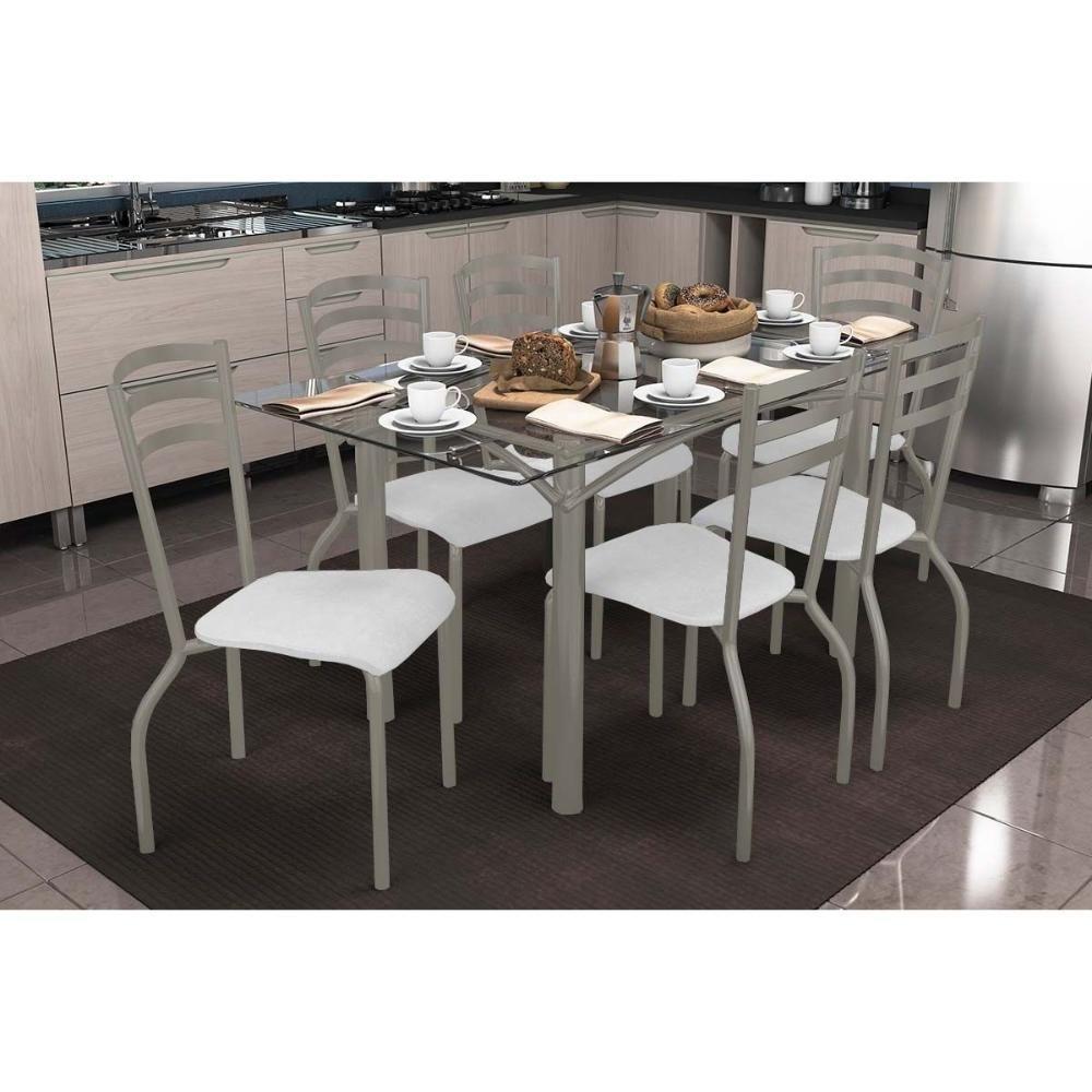 Conjunto: Mesa Sala Jantar Elba C- Tampo De Vidro 150cm E 6 Cadeiras Portugal Niquel - Courano Branco - Kappesberg - 1