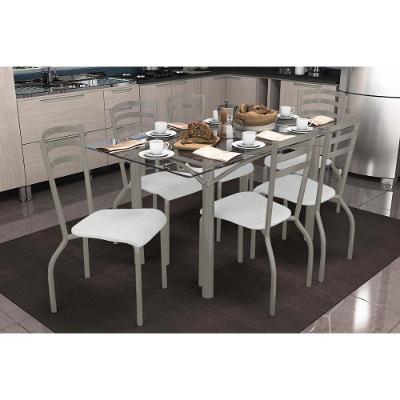 Conjunto: Mesa Sala Jantar Elba C- Tampo De Vidro 150cm E 6 Cadeiras Portugal Niquel - Courano Branco - Kappesberg