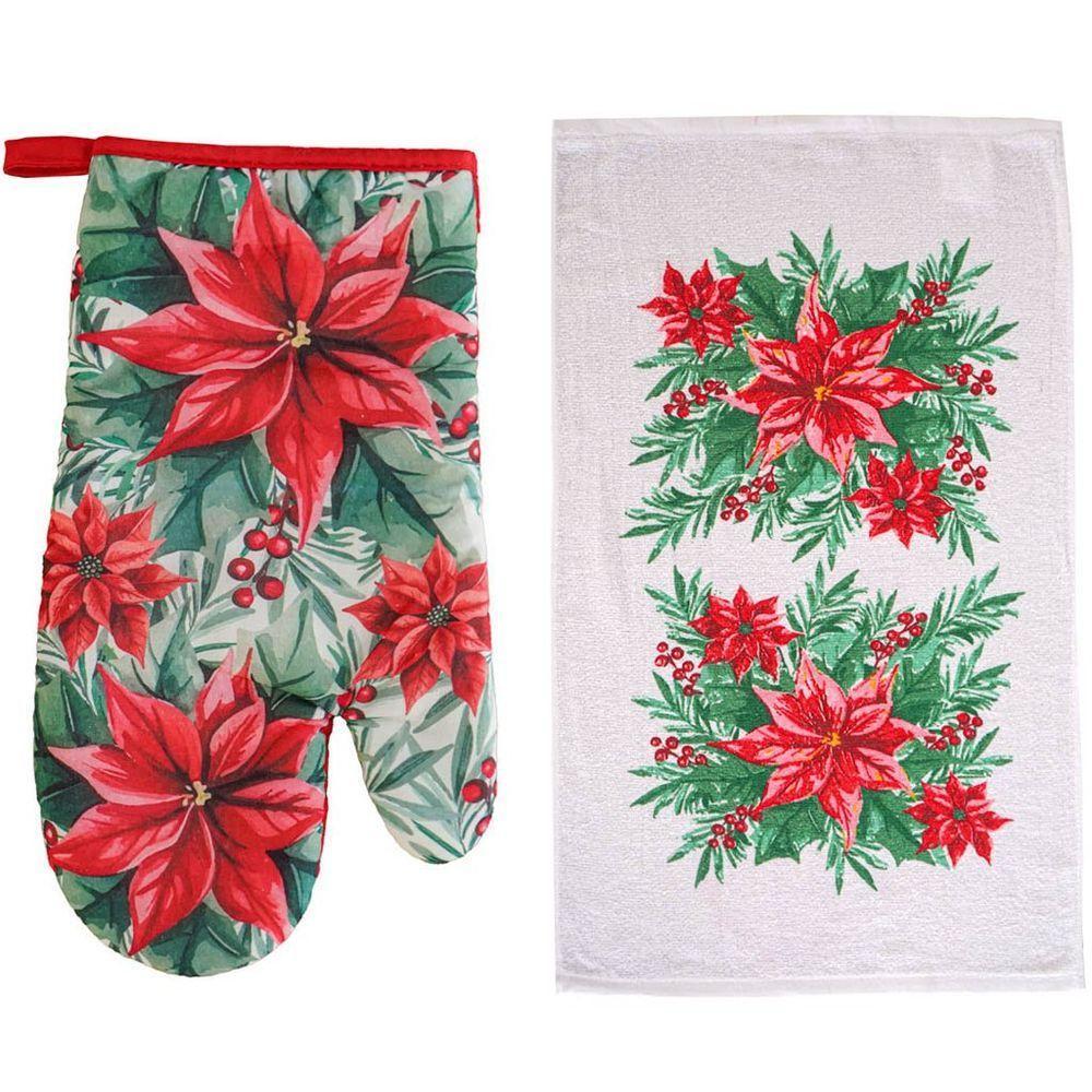Kit 2 Peças Natalino Pano De Prato E Luva De Forno Bene Casa Flor De Natal - 1