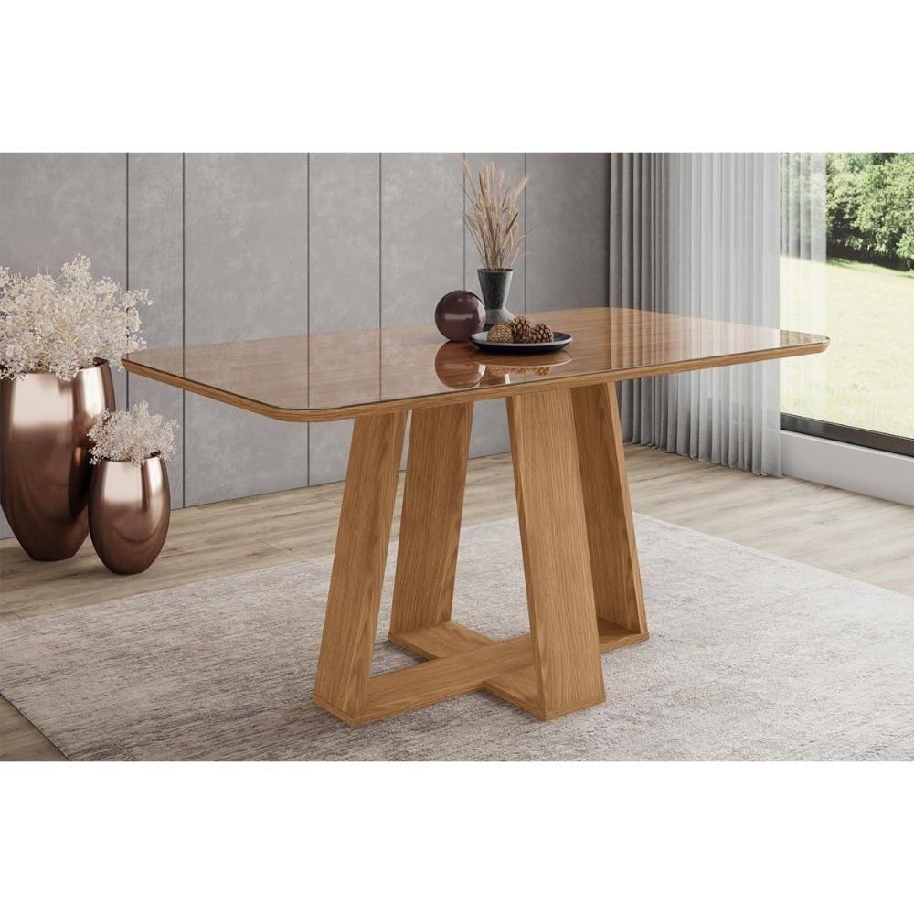 Mesa P- Cozinha Lins Sc92 C- Tampo Madeirado C- Vidro Curvo 160x90cm Nature - Henn - 1