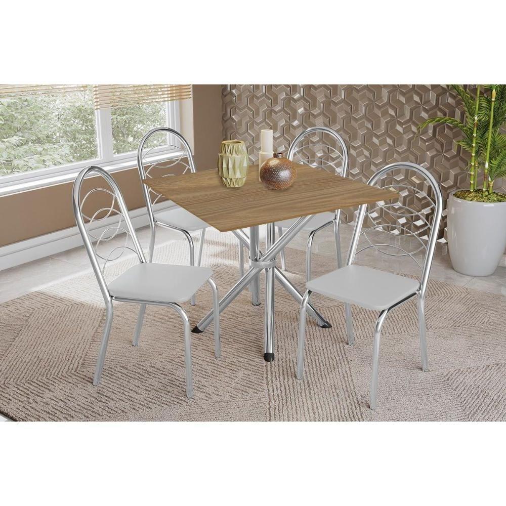 Conjunto: Mesa Sala Jantar Volga C- Tampo De Madeira 90cm E 4 Cadeiras Holanda Cromado-nogueira - Branco - Kappesberg - 1